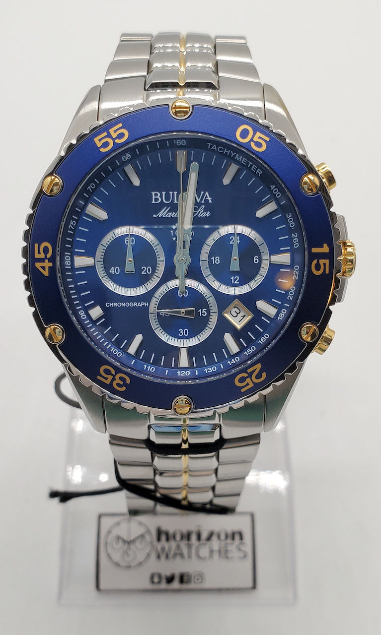 Bulova - Marine Star, Chronograph Stainless Steel Silver Blue Dial Men Quartz Watch - 98B400