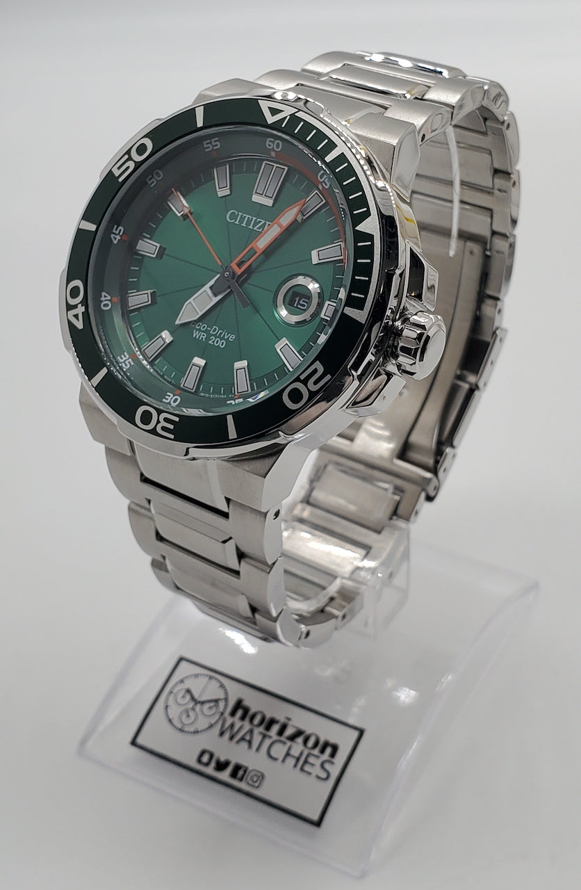 Citizen Eco Drive Endeavor Diver Stainless Steel Green Dial Men s Quartz Watch AW1428 53X