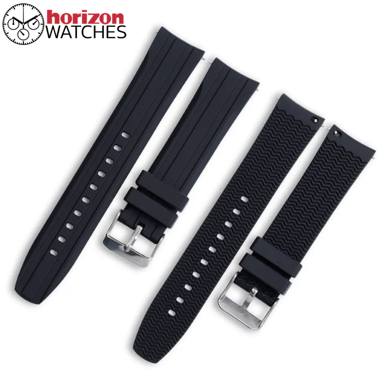 Watch Wrist Band - Black Silicone Curved End, Rounded Water-Proof Watch Strap